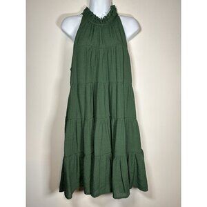 ENTRO Halter Mock Ruffle Neck Tiered Tie Back Mini Dress Hunter Green Size Large